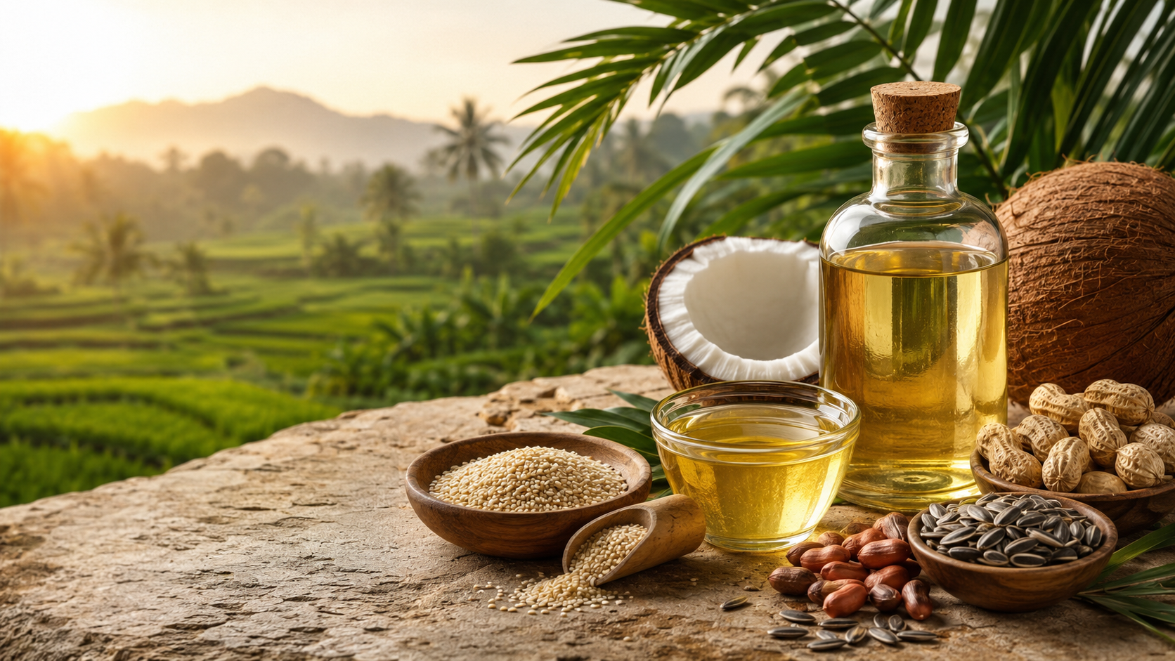 Minyak berwarna keemasan bersama kelapa, wijen, kacang, dan biji bunga matahari berlatar persawahan tropis
